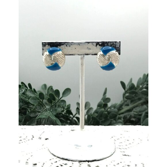 Vintage Button style Blue & Silver Clip-On Earrings - Picture 2 of 4